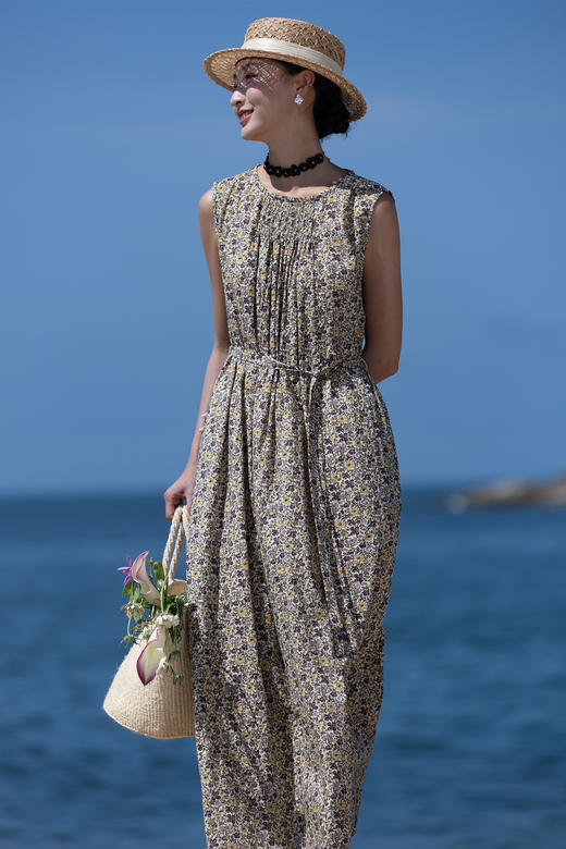 牧衣游原创 印花纯棉无袖连衣裙轻薄通勤文艺气质背心长裙 忘野 商品图5