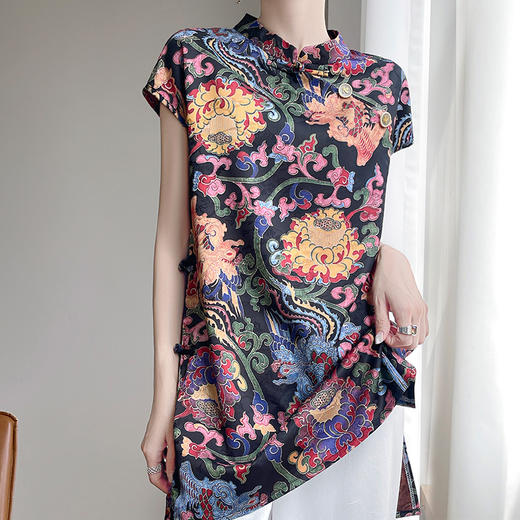 雀说新中式复古立领国风设计感针织短袖夏季舒适透气薄款丝滑缎面上衣AL4760 商品图2