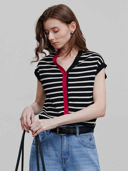 初语不对称撞色V领连袖针织衫女新款百搭收腰条纹上衣 商品图0