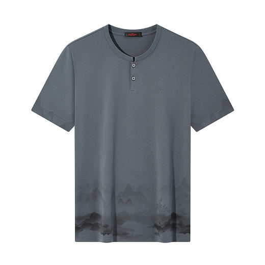 柒牌短袖T恤男士2025夏季新款山水印花中国风半开襟休闲套头上衣128T70720 商品图4