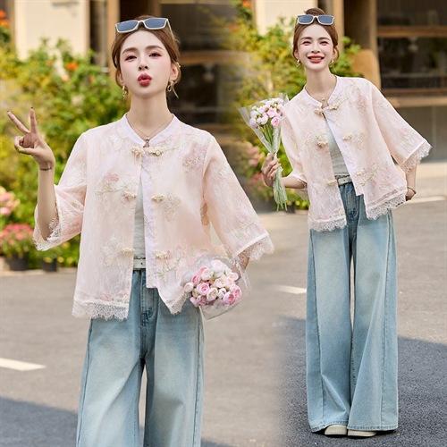 轻奢防晒上衣蕾丝拼接重工刺绣盘扣立领中袖外套MX8902 商品图2