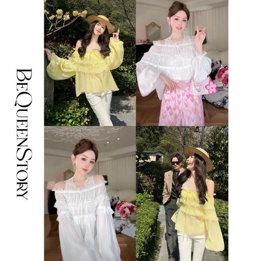 BeQueenStory【温柔水仙】层次感花边手工钉珠一字肩长袖衬衣 商品图0