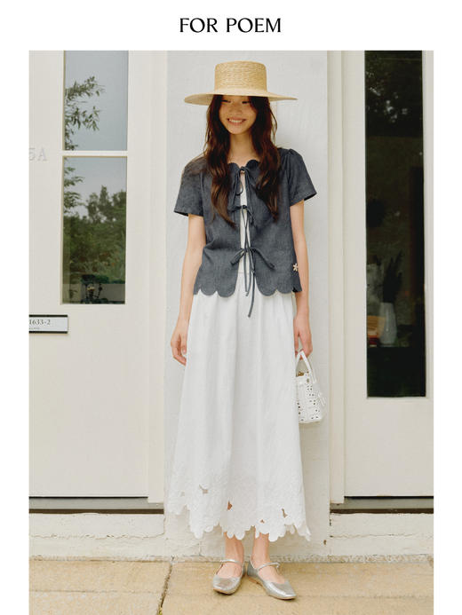 ForPoem 现货 25/SS原创设计花瓣领口前后两穿系带短袖上衣 商品图3