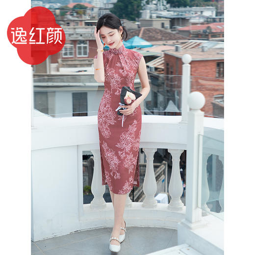 逸红颜相思子2025年夏新款极简风柔和舒适微弹雪纺都市改良旗袍女 商品图1