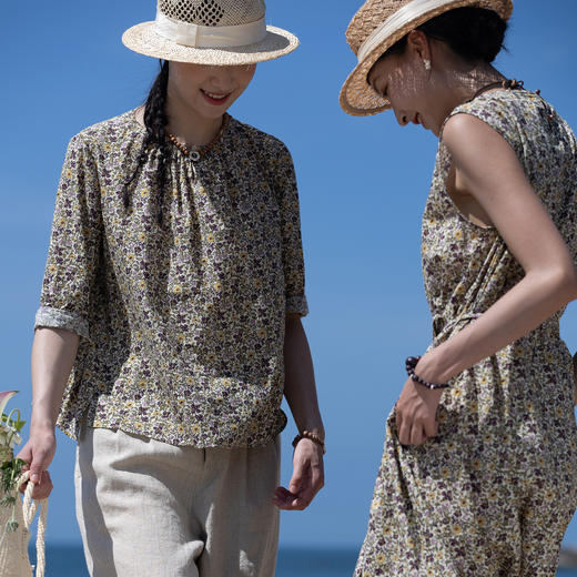 牧衣游原创印花100支进口比马棉套头衫轻薄百搭圆领文艺上衣 云牧 商品图0