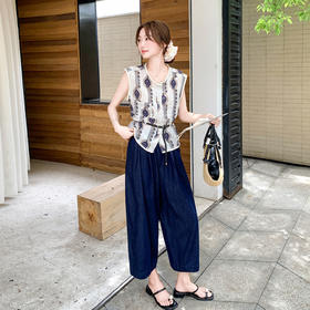 ZZB199 26291盐甜系穿搭复古无袖印花上衣套装女夏季新款轻薄显瘦阔腿裤两件套