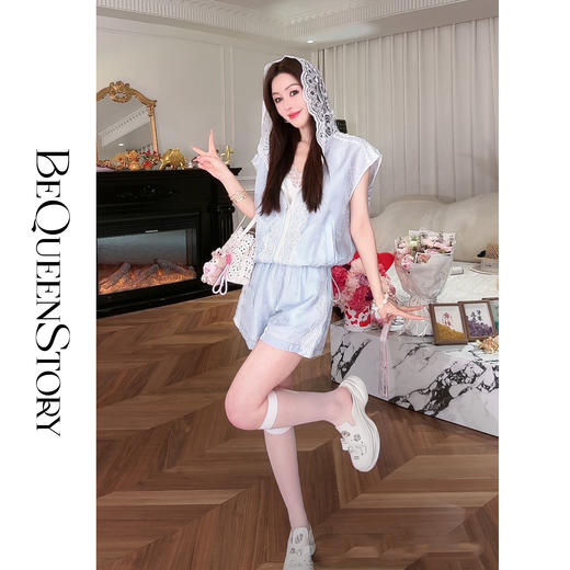 BeQueenStory【都市图鉴】透视感暗花纹蕾丝连帽外套&抽绳松紧短裤 商品图4