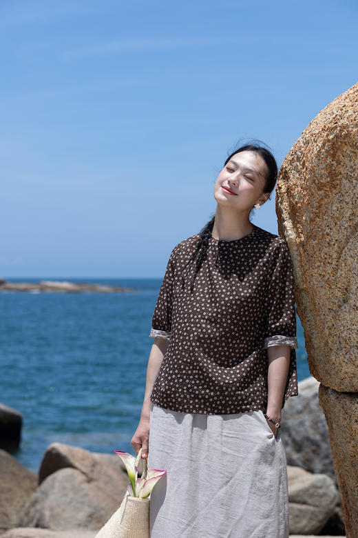 牧衣游原创 印花100支进口比马棉套头衫轻薄古朴文艺上衣 栀雉 商品图5