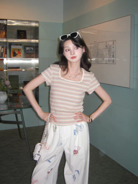 浮生八记/25B089/微弹撞色条纹短袖t恤