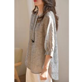 雀说新款文艺宽松大码女装五分袖印花灰色圆领衬衫上衣AL1667