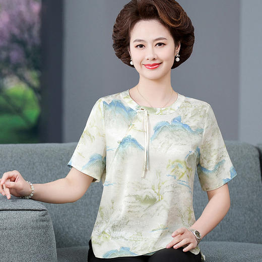 W592-5807-72-88夏装中式短袖T恤中老年小个子奶奶桑蚕丝上衣小衫女 商品图0