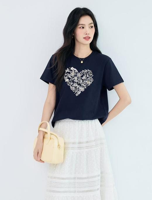 品牌订单凉感重工爱心花朵钉珠绣花短袖T恤 商品图3