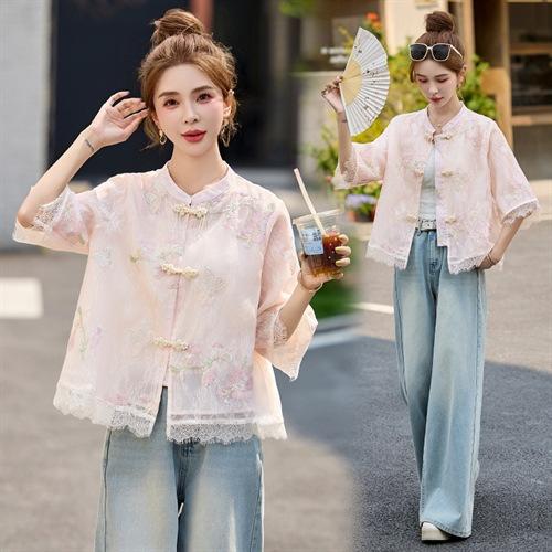 轻奢防晒上衣蕾丝拼接重工刺绣盘扣立领中袖外套MX8902 商品图3