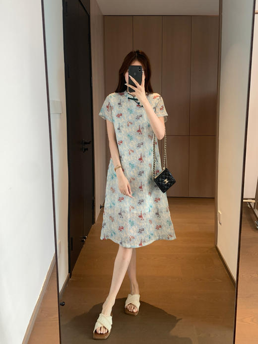 金鱼彩蝶中式立领半斜门襟盘扣H型国风苎麻旗袍裙 商品图5