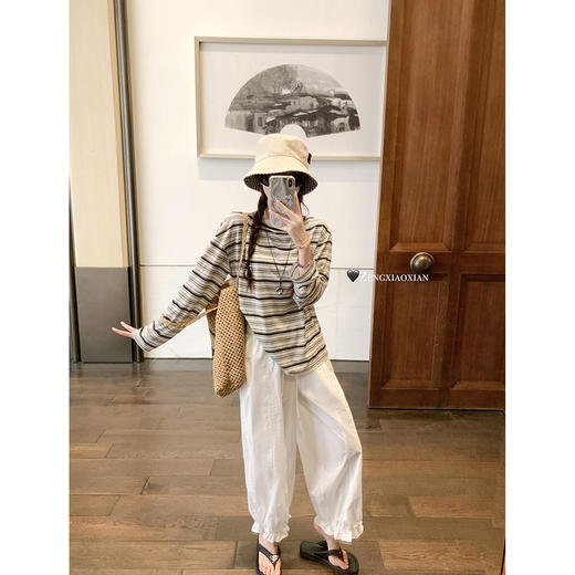 <曾小咸推荐>韩系长袖圆领条纹长袖T恤，黑杏条纹限时券后价63.29！【预售款，预计3-15天】 商品图0