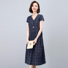 雀说时尚百搭中长款连衣裙新款韩版宽松显瘦百搭V领格子连衣裙女AL9927