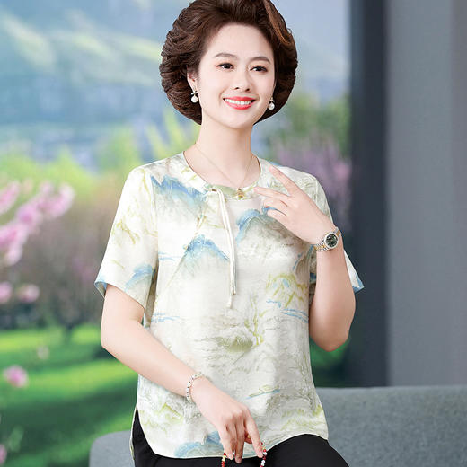 W592-5807-72-88夏装中式短袖T恤中老年小个子奶奶桑蚕丝上衣小衫女 商品图2