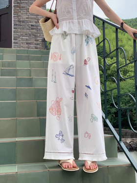 浮生八记/25B088/直筒长裤女花边下摆休闲裤