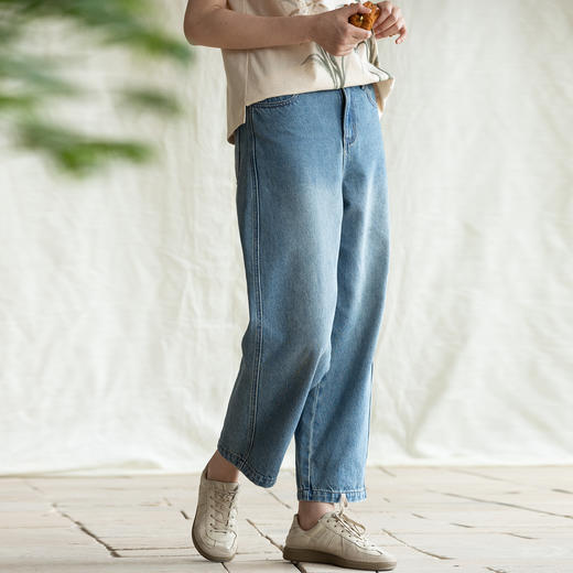 牧衣游原创 净色纯棉牛仔裤新款宽松文艺复古显瘦百搭休闲裤 朴甜 商品图0