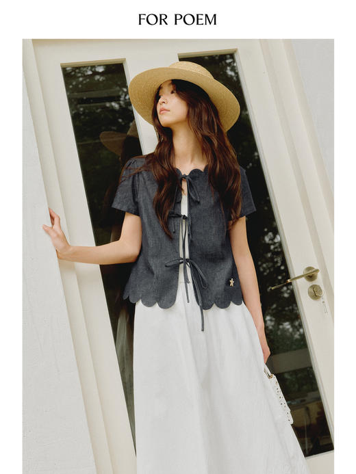 ForPoem 现货 25/SS原创设计花瓣领口前后两穿系带短袖上衣 商品图0