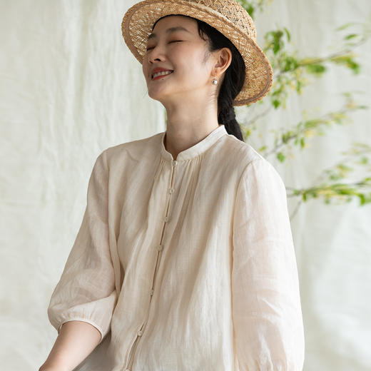 牧衣游原创 净色苎麻衬衫通勤简约轻薄柔软百搭文艺衬衣 云树里 商品图0
