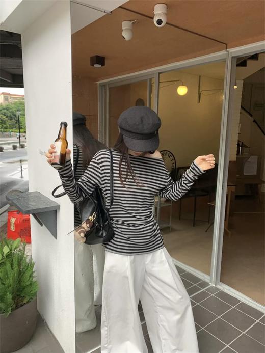 【GZ】无忧购“清仓大促”韩版休闲百搭斜肩条纹长袖T恤8122（截单后3-5天发货) 商品图4