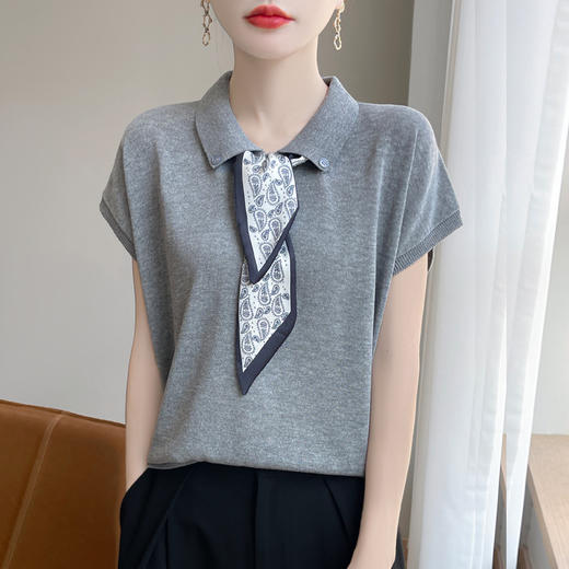 雀说新款飞飞袖T恤衫清凉感薄款莱赛尔天丝女士POLO衫丝巾短袖AL3040 商品图2