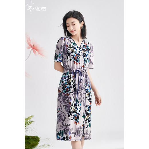 米思阳2025夏新品知性优雅花卉印花连衣裙系带收腰显瘦裙子女3686 商品图0