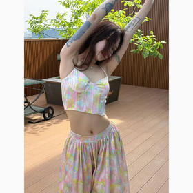 DUO智 黑标生命系列小径花园夏日彩色鸢尾印花吊带胸衣和度假长裙
