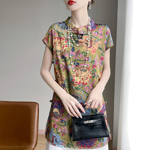 雀说新中式复古立领国风设计感针织短袖夏季舒适透气薄款丝滑缎面上衣AL4760 商品图6