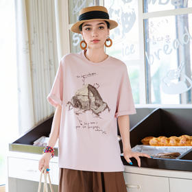 谜底印花T恤短袖女2025夏新款圆领粉色原创绣花宽松上衣256MT6023