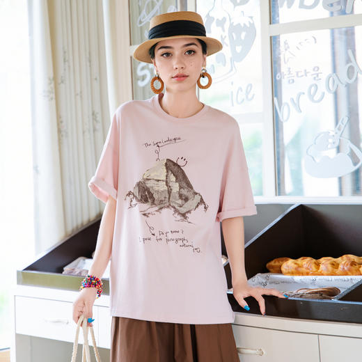 谜底印花T恤短袖女2025夏新款圆领粉色原创绣花宽松上衣256MT6023 商品图0