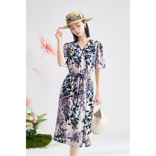 米思阳2025夏新品知性优雅花卉印花连衣裙系带收腰显瘦裙子女3686 商品图1