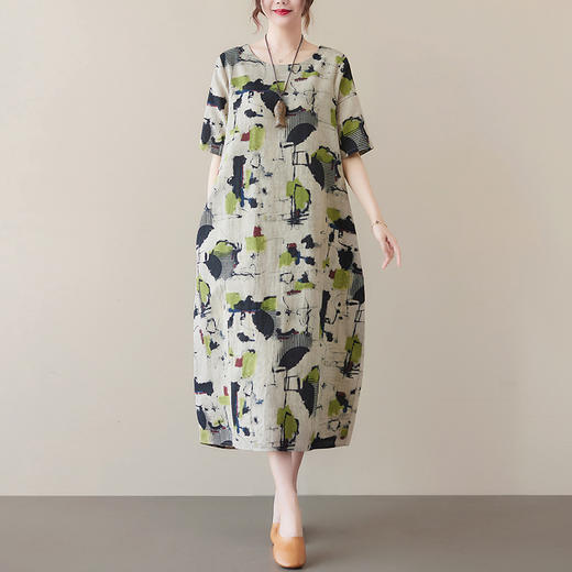 雀说新款棉麻花宽松短袖过膝连衣裙复古气质AL8363 商品图2