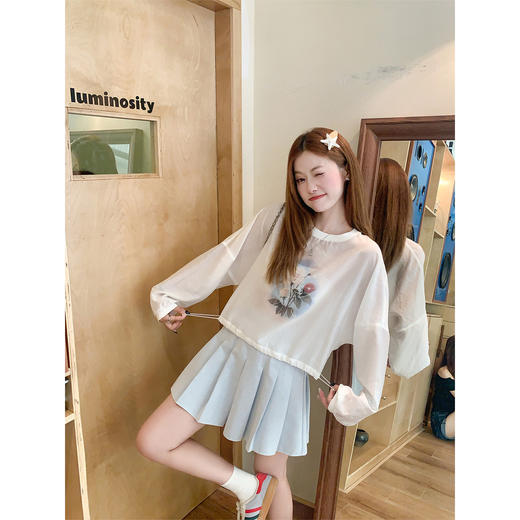 <曾小咸推荐>慵懒风宽松印花薄款罩衫长袖T恤 商品图3