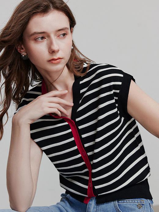 初语不对称撞色V领连袖针织衫女新款百搭收腰条纹上衣 商品图1