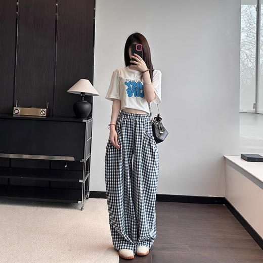 棉感蓝格纹面料！清新ins感分分钟拿捏!宽松显瘦阔腿休闲裤子夏25年新款！ 商品图3