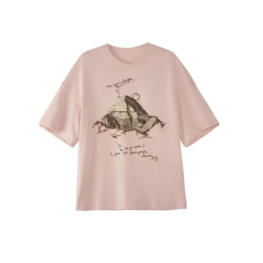 谜底印花T恤短袖女2025夏新款圆领粉色原创绣花宽松上衣256MT6023 商品图4