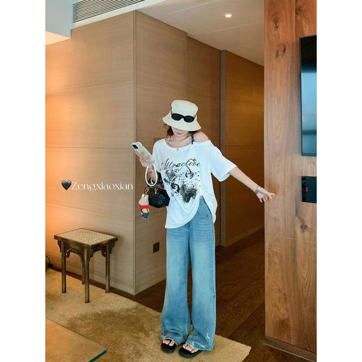 <曾小咸推荐>美式复古磨白设计破洞阔腿牛仔裤 商品图2