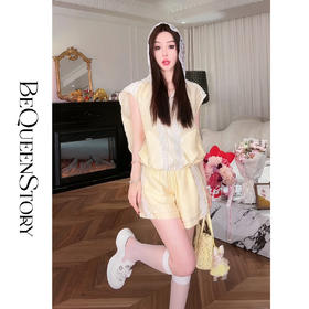 BeQueenStory【都市图鉴】透视感暗花纹蕾丝连帽外套&抽绳松紧短裤