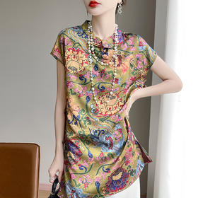 雀说新中式复古立领国风设计感针织短袖夏季舒适透气薄款丝滑缎面上衣AL4760