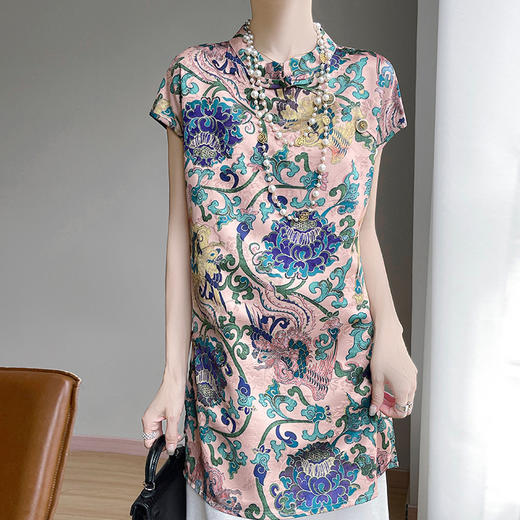 雀说新中式复古立领国风设计感针织短袖夏季舒适透气薄款丝滑缎面上衣AL4760 商品图1