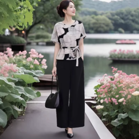 轻熟优雅简约大气百搭，显瘦上衣+阔腿裤两件套LJX-865