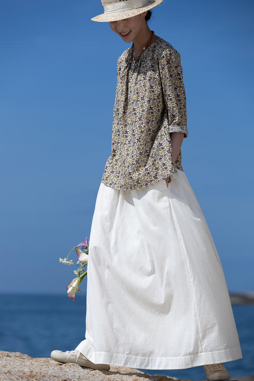 牧衣游原创 净色80支纯棉半身裙柔软舒适宽松白色百搭半裙 沫初 商品图5