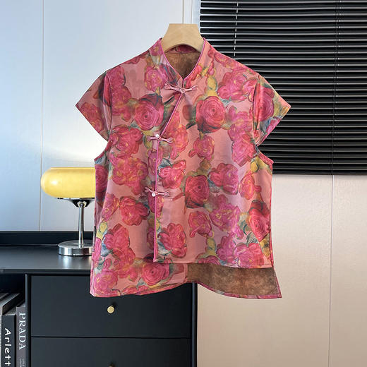 雀说新中式复古改良唐装立领盘扣缎面提花马甲女背心国风马夹上衣AL2797 商品图5