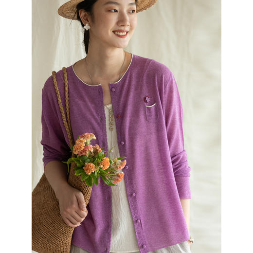 牧衣游原创 棉麻混纺薄毛织外套轻薄简约文艺百搭休闲开衫 玫喜 商品图3