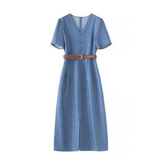 「高货wl」全新升级【铂金会员358/天猫479/差价121】(14633)洛诗琳复古干练气质连衣裙2025夏季开衩V领短袖牛仔裙女 商品图4