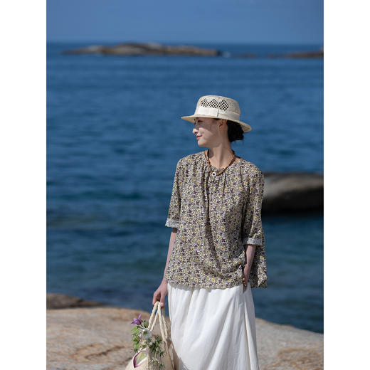 牧衣游原创印花100支进口比马棉套头衫轻薄百搭圆领文艺上衣 云牧 商品图3