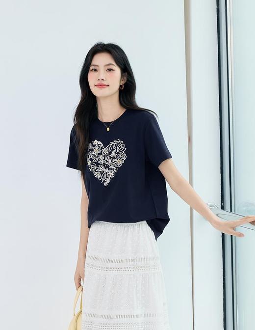 品牌订单凉感重工爱心花朵钉珠绣花短袖T恤 商品图2