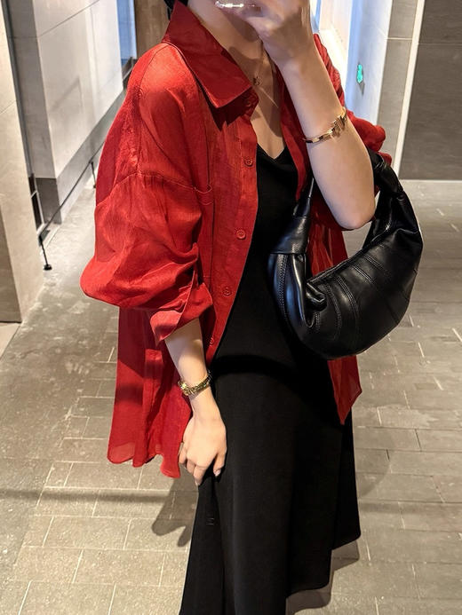 “红”⁥运穿搭番茄红复古棉麻超透气薄衬衫防晒罩衫 商品图9